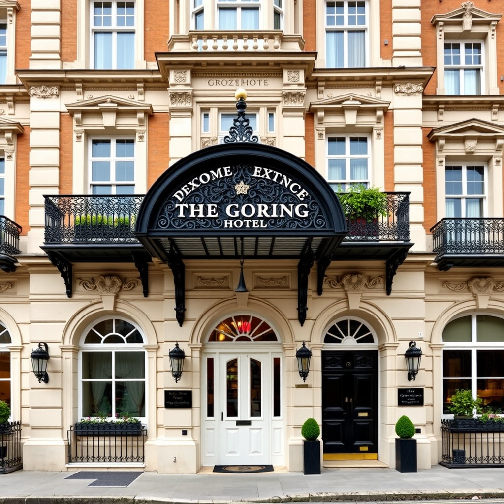 Elegant exterior view of The Goring Hotel in London showing Victorian architecture with ornate details, traditional British facade, and welcoming entrance