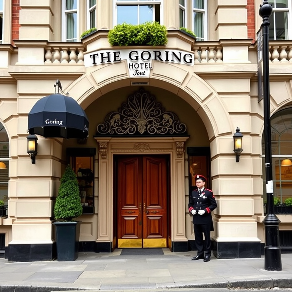 Elegant entrance of The Goring hotel with traditional British architecture, featuring ornate doorway, uniformed doorman, and classic London street setting