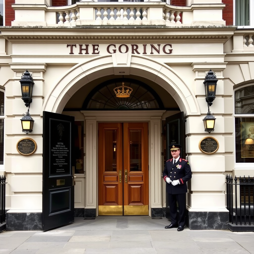 Elegant entrance of The Goring hotel with doorman in traditional uniform, showcasing the historic facade and royal warrant plaques in London's Belgravia district
