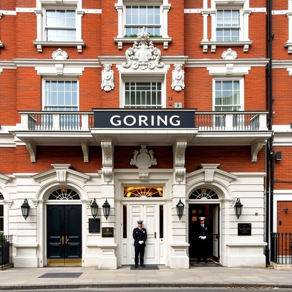 Elegant Victorian facade of The Goring hotel in Belgravia, London, showing the classic red brick architecture with ornate white stone details and traditional British hotel entrance with doormen in uniform