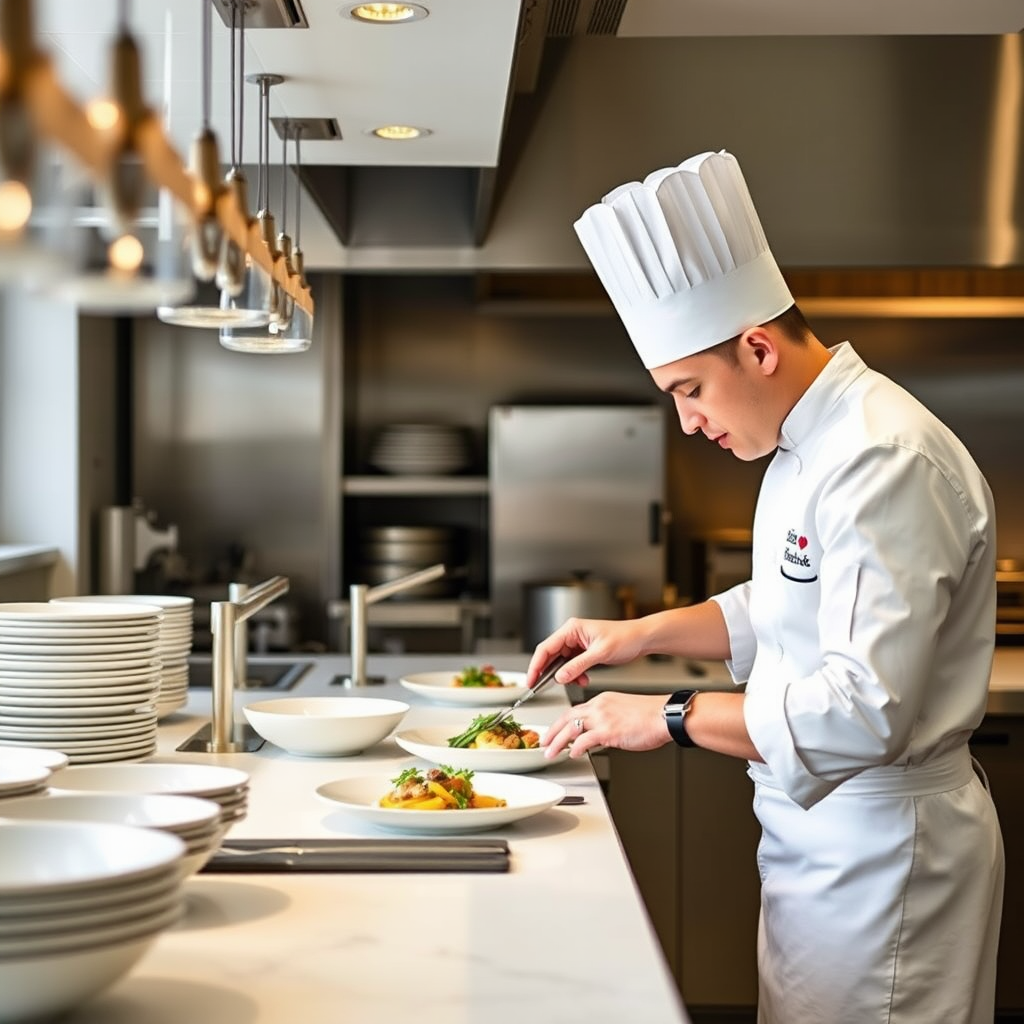 Executive chef in pristine white uniform working in a modern professional kitchen at The Goring Hotel, preparing traditional British cuisine with precision and artistry