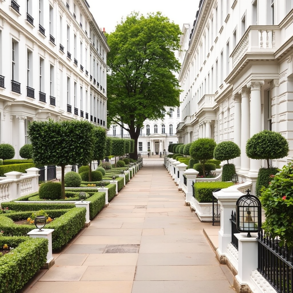 Elegant Victorian white stucco buildings lining a pristine Belgravia street with perfectly manicured gardens and classic London architecture