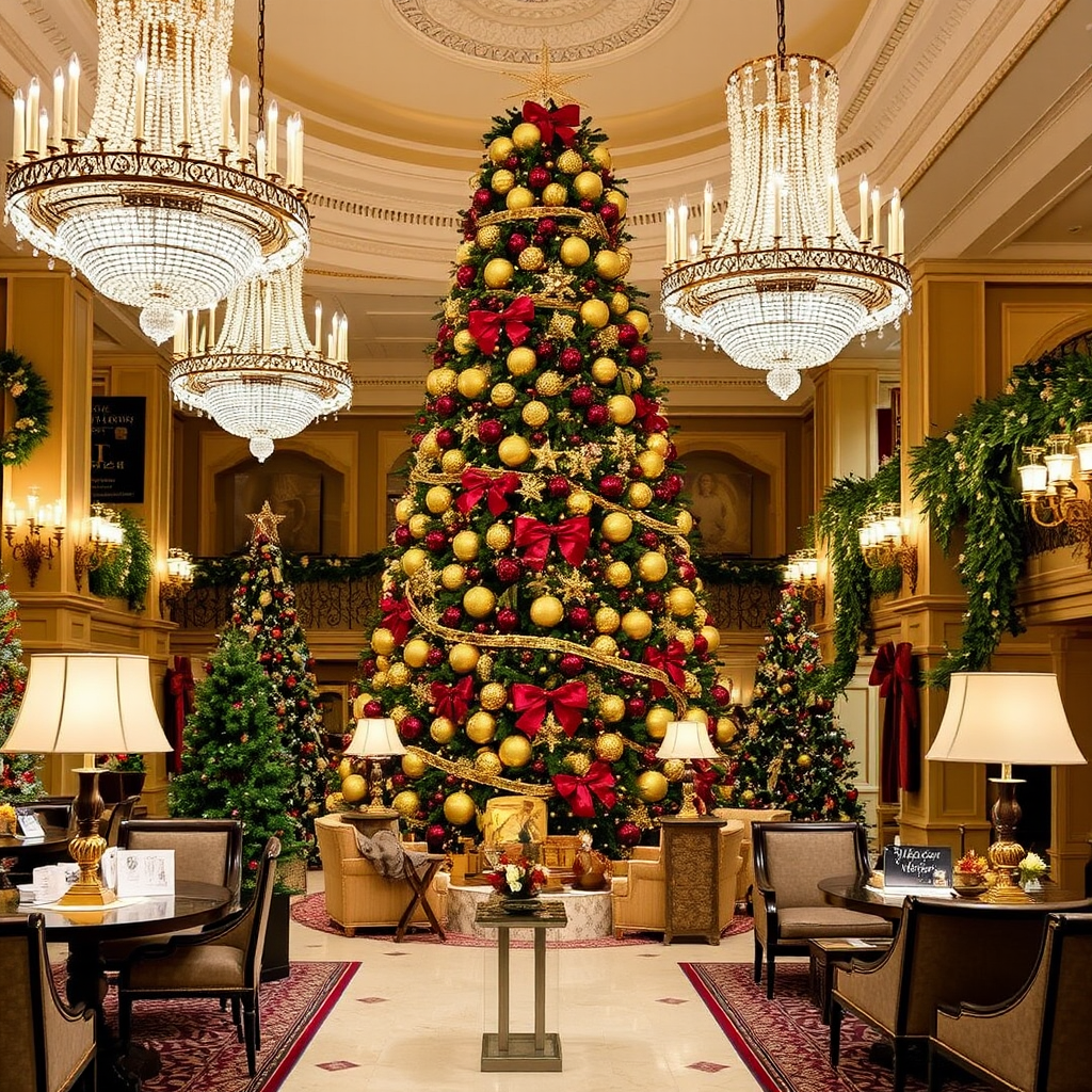 Elegant Christmas decorations in The Goring hotel lobby featuring a magnificent Christmas tree with gold and burgundy ornaments, crystal chandeliers, and traditional British holiday decor