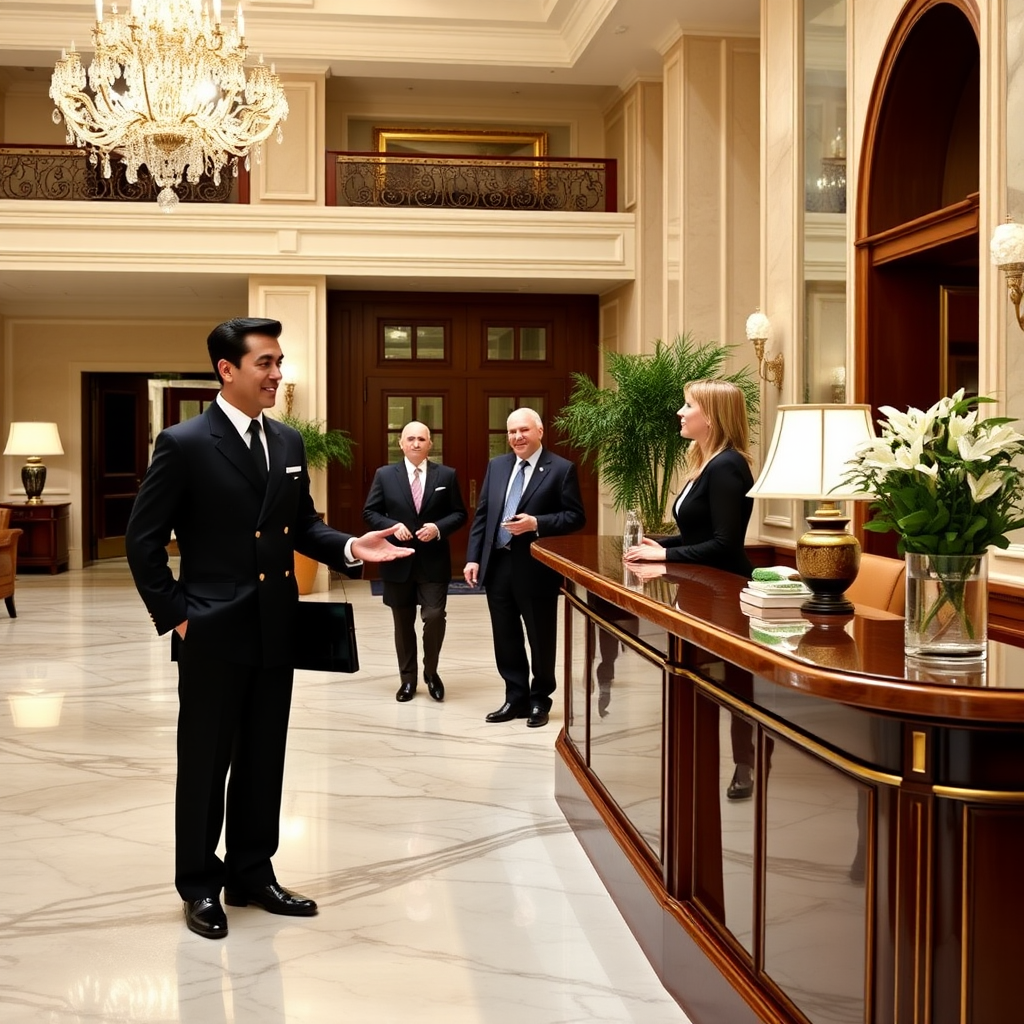 Professional concierge in formal black uniform greeting distinguished guests in The Goring's elegant marble lobby featuring crystal chandeliers and rich mahogany furnishings