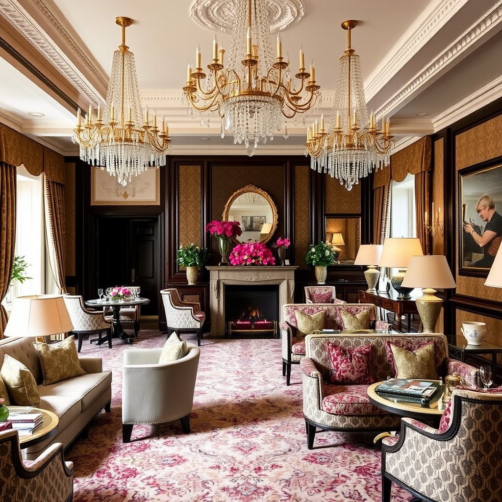 Luxurious interior of The Goring Hotel featuring elegant furnishings, crystal chandeliers, rich fabrics, and traditional British decor with modern comfort