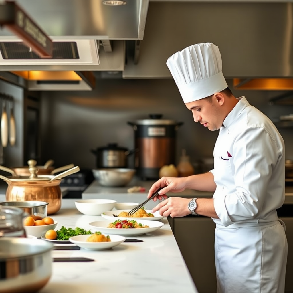 Professional chef in pristine white uniform preparing gourmet British cuisine in a modern hotel kitchen with copper pots and fresh ingredients