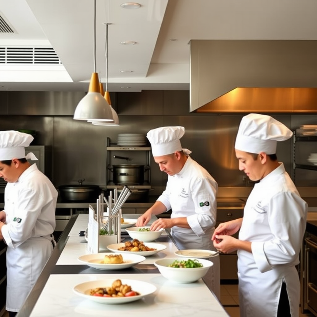 Professional chefs in white uniforms working in The Goring's modern kitchen, preparing elegant British cuisine with fresh ingredients and traditional cooking techniques