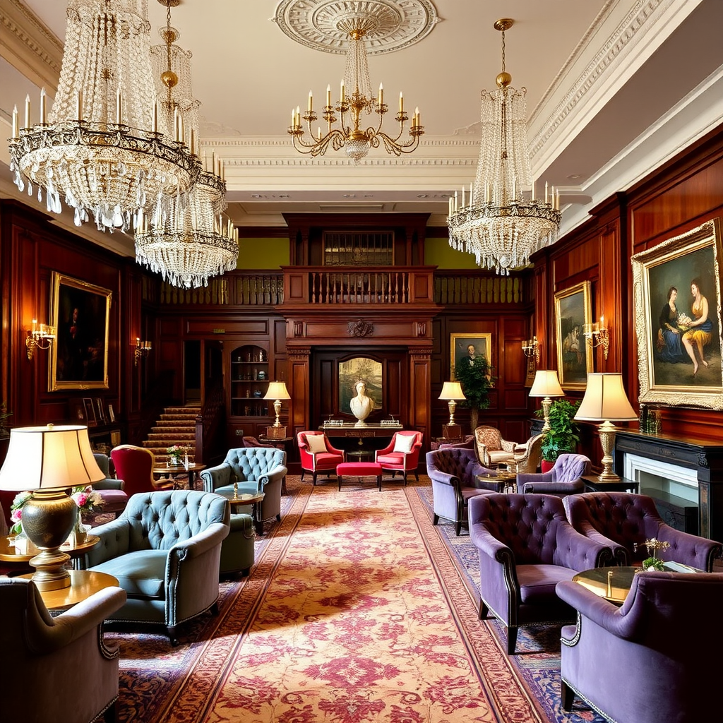 Luxurious interior of The Goring hotel showing the elegant lobby with crystal chandeliers, rich mahogany furnishings, plush velvet seating, and traditional British decor elements including oil paintings and ornate carpeting