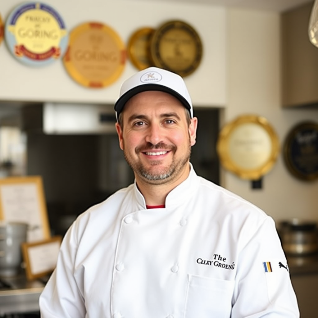 Professional portrait of Executive Chef Richard Galli in chef whites, standing confidently in The Goring Hotel kitchen with awards and accolades visible in background