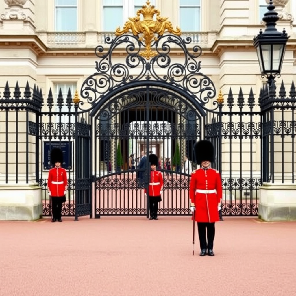 Ornate iron gates of Buckingham Palace with ceremonial guards in traditional red uniforms standing at attention