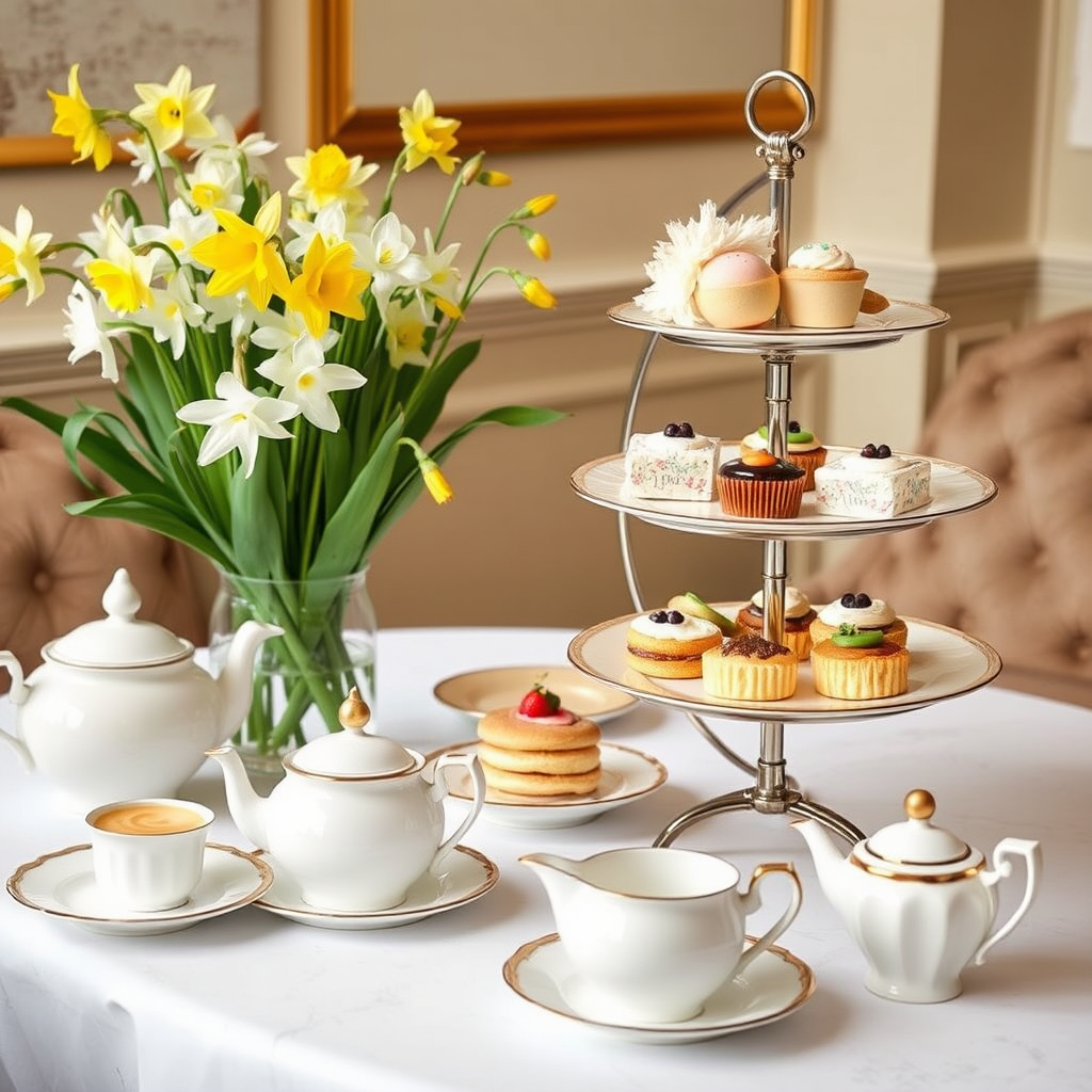 Elegant Easter afternoon tea service at The Goring featuring tiered stands with spring-themed pastries, floral arrangements with daffodils and tulips, and fine bone china tea service