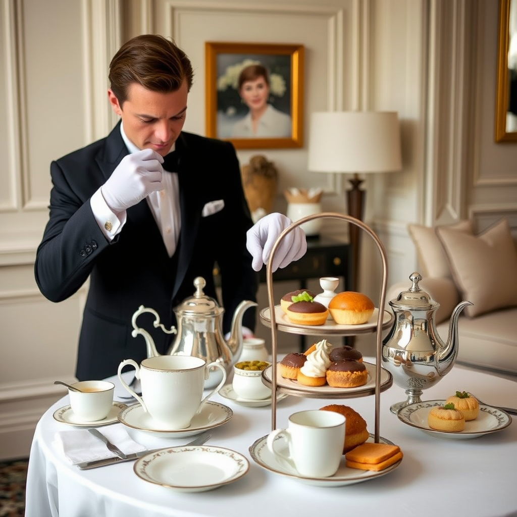 Professional butler in crisp white gloves carefully arranging an exquisite afternoon tea service with fine bone china, silver teapot, and delicate pastries in a luxuriously appointed guest suite