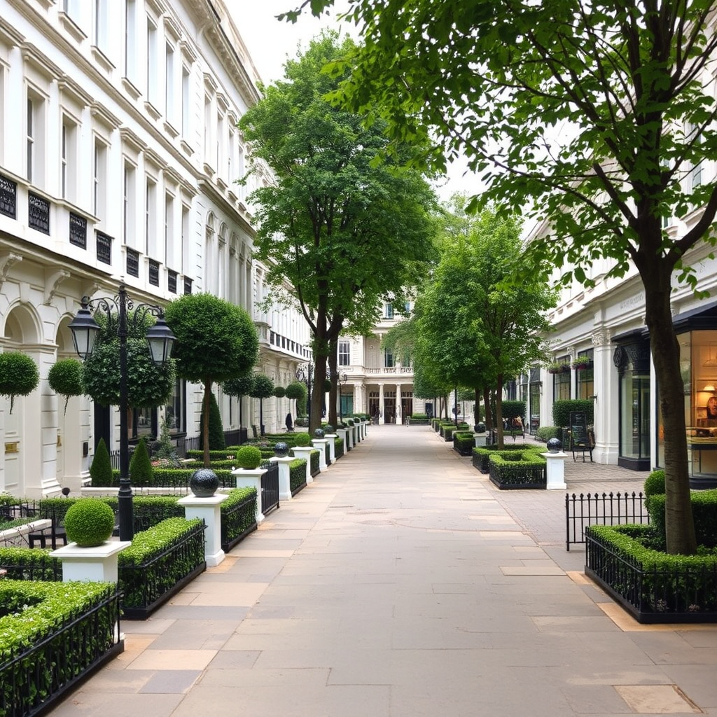 Elegant Belgravia street scene with Georgian white stucco buildings, manicured gardens, luxury boutiques, and tree-lined sidewalks in London