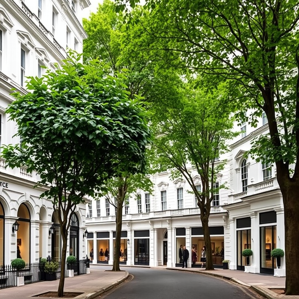 Elegant Georgian architecture and tree-lined streets of Belgravia neighborhood in London, showing upscale boutiques and traditional white stucco buildings near The Goring hotel