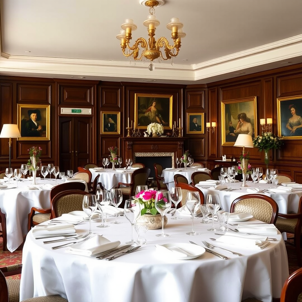 The Goring hotel's elegant dining room featuring crisp white tablecloths, fine bone china, crystal glassware, and traditional British dining room decor with rich wood paneling and period artwork