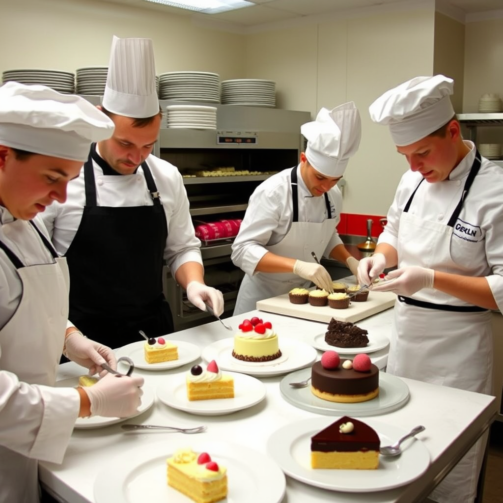 Team of skilled pastry chefs in The Goring Hotel pastry kitchen, meticulously crafting elegant desserts and traditional British sweets with precision tools and artistic presentation