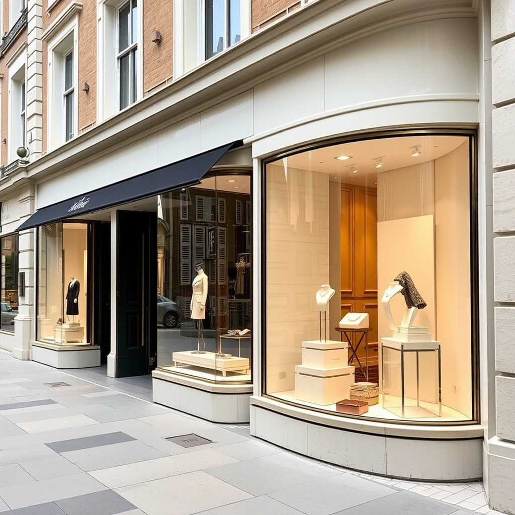 Elegant luxury boutiques along Sloane Street featuring sophisticated window displays with high-end fashion and jewelry
