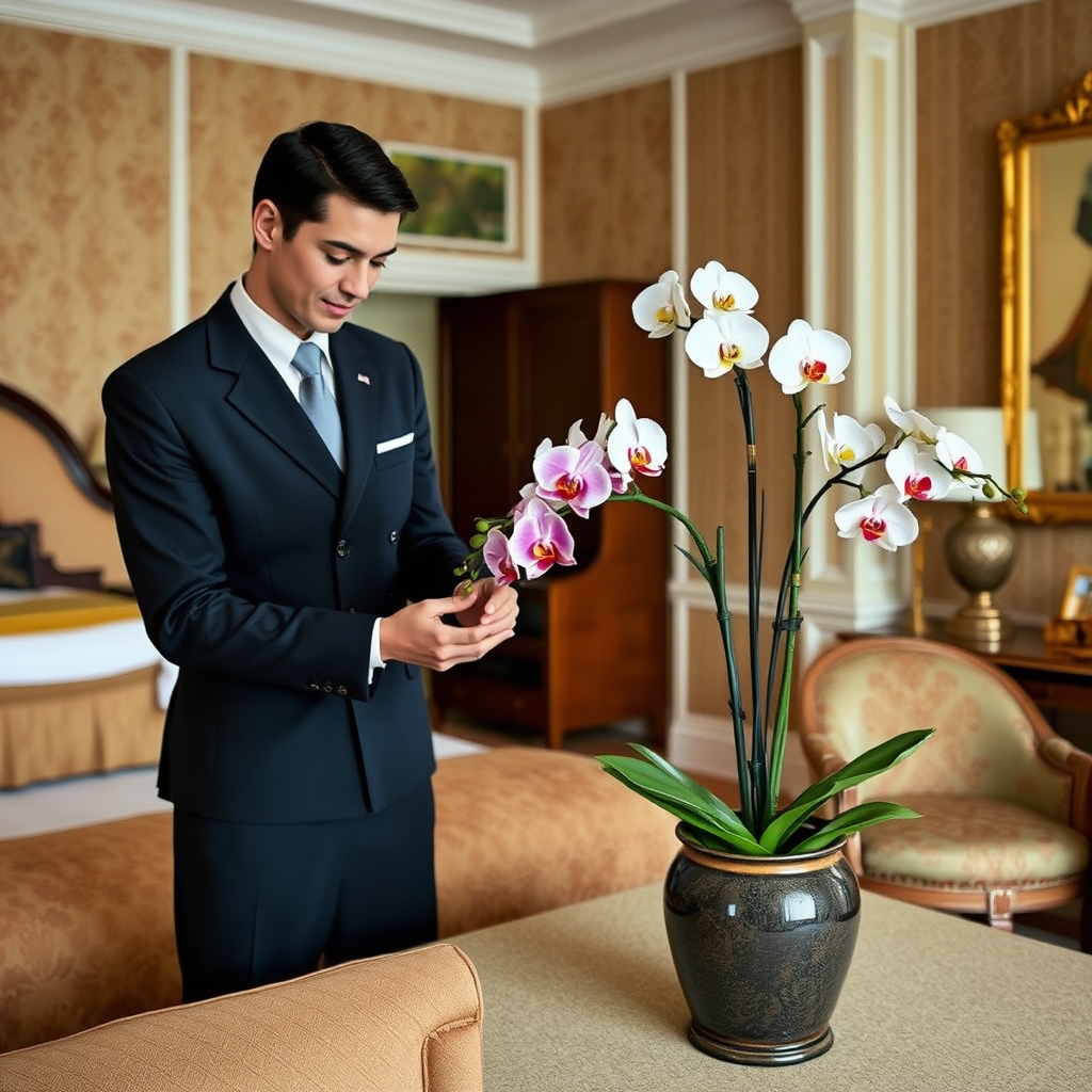 Dedicated hotel staff member in formal uniform delicately arranging a rare orchid display in an elegantly appointed guest room with rich fabrics and antique furnishings