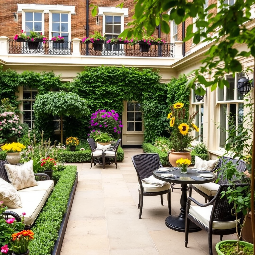 The Goring hotel's private garden terrace showing manicured English gardens with seasonal flowers, outdoor seating areas with elegant furniture, and the peaceful courtyard setting away from London's bustling streets