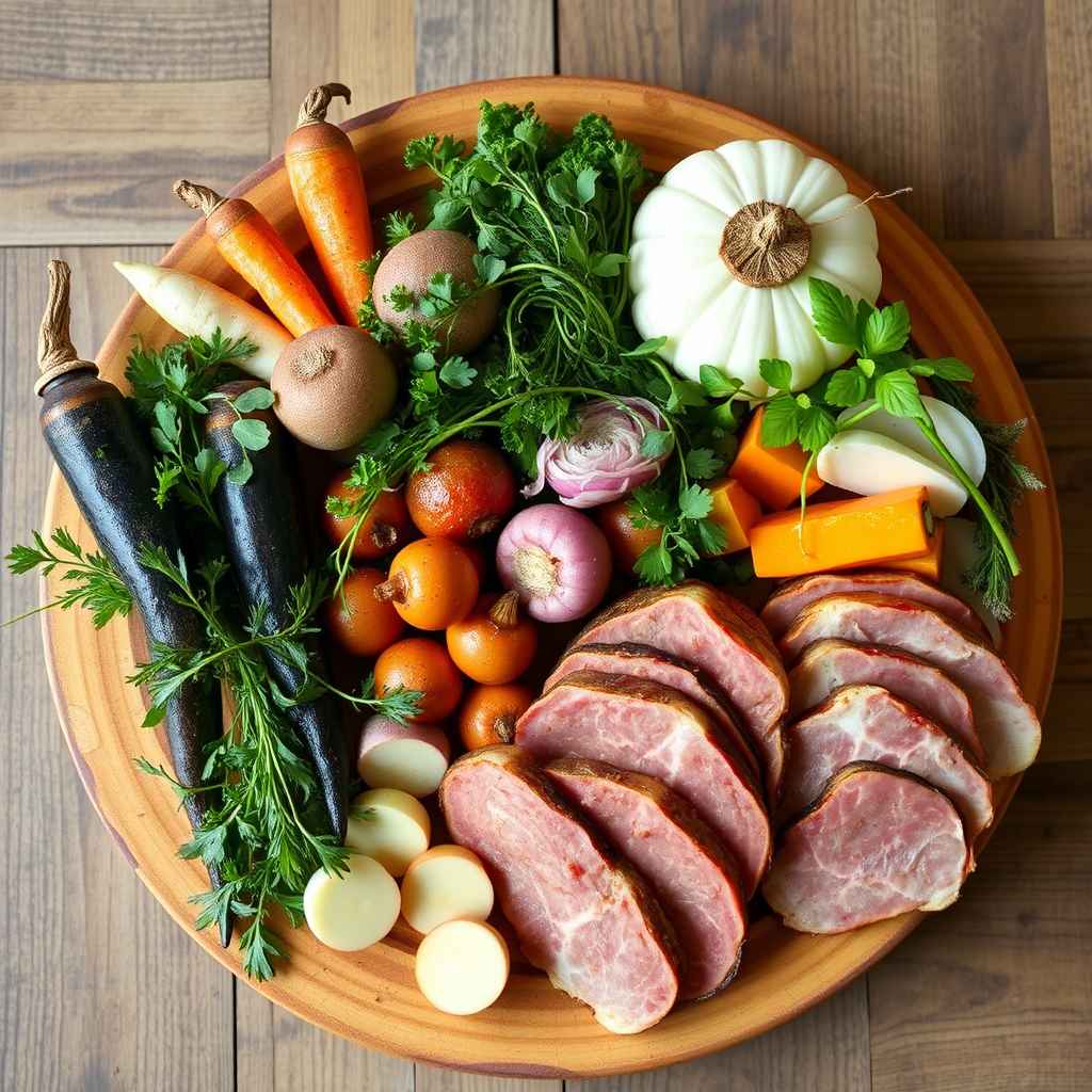 Fresh seasonal British ingredients artfully arranged on rustic wooden cutting board, including root vegetables, herbs, and premium meats sourced from local suppliers