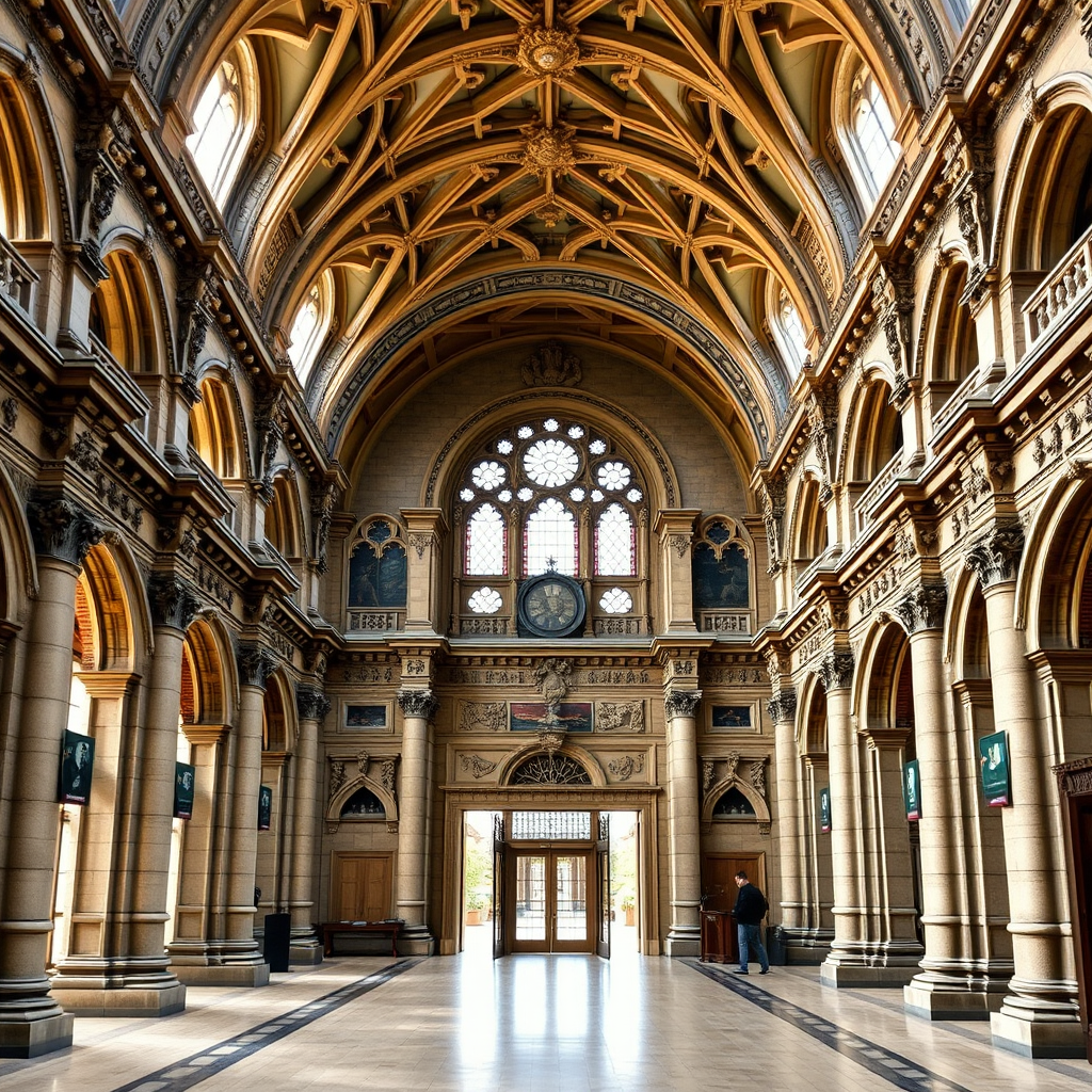 Grand entrance hall of the Natural History Museum featuring ornate Romanesque architecture with high vaulted ceilings and decorative stonework