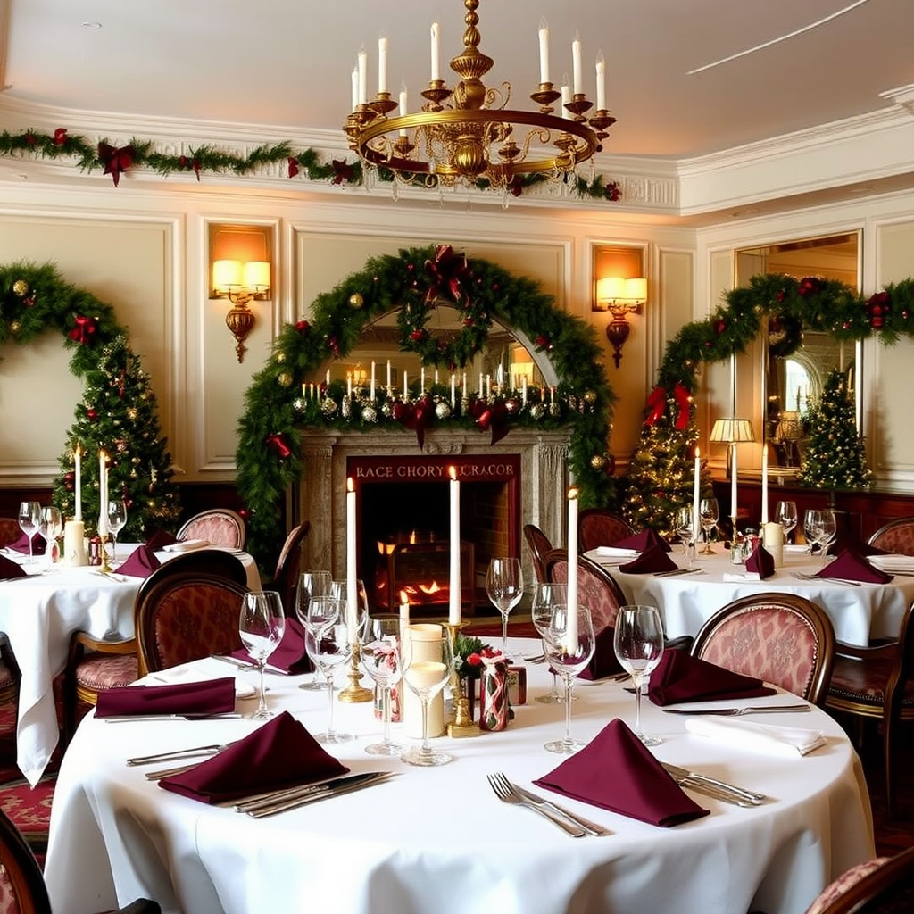 The Goring hotel Christmas dining room decorated with elegant garlands, candles, burgundy table linens, and traditional British Christmas crackers, creating a warm and festive atmosphere