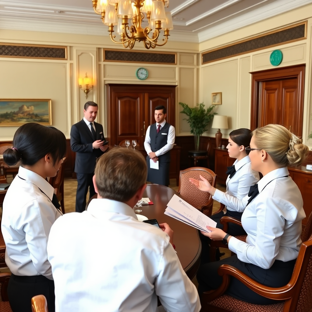 Professional hotel training session showing uniformed staff members learning personalized service techniques in an elegant conference room with mahogany furniture and traditional British decor