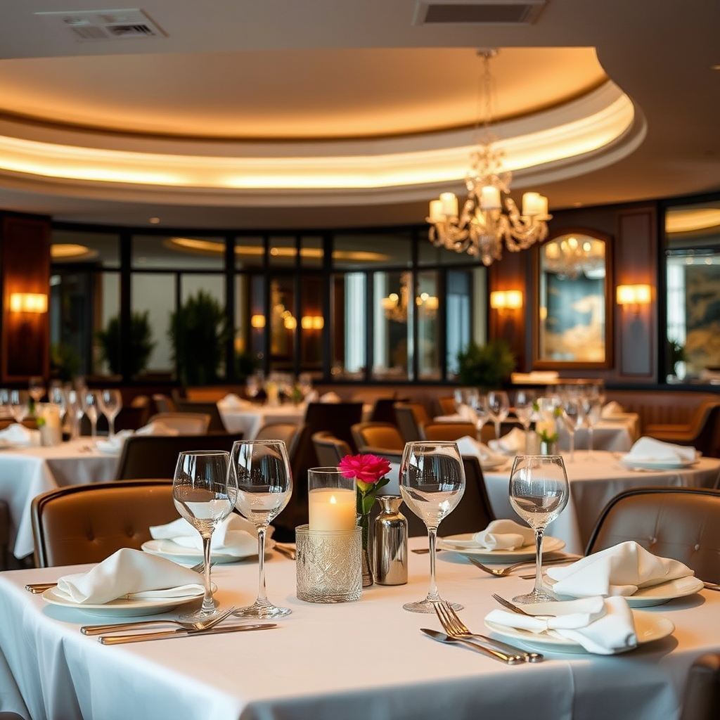 Sophisticated restaurant interior featuring elegant table settings with fine china, crystal glasses, and ambient lighting creating an upscale dining atmosphere