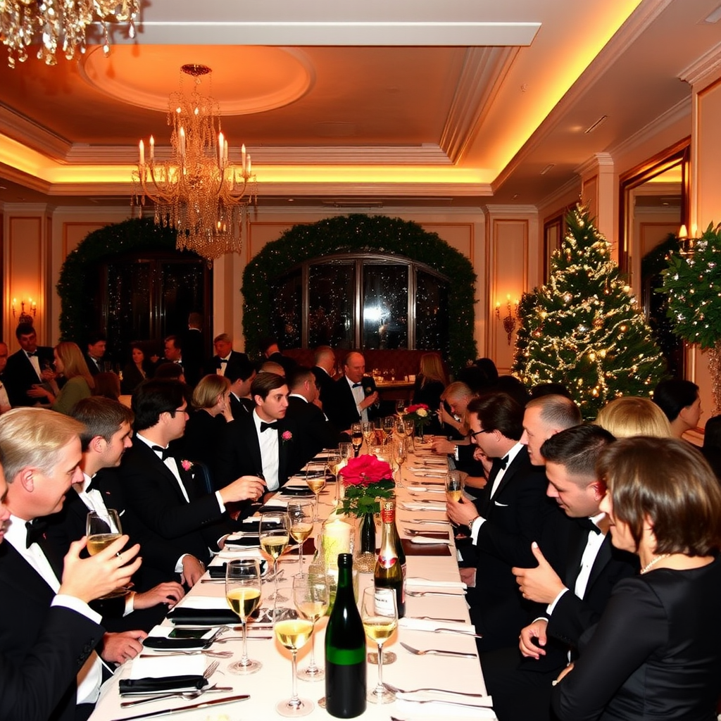 Elegant New Year's Eve gala at The Goring hotel with guests in formal attire, champagne service, sophisticated lighting, and festive decorations creating a luxurious celebration atmosphere