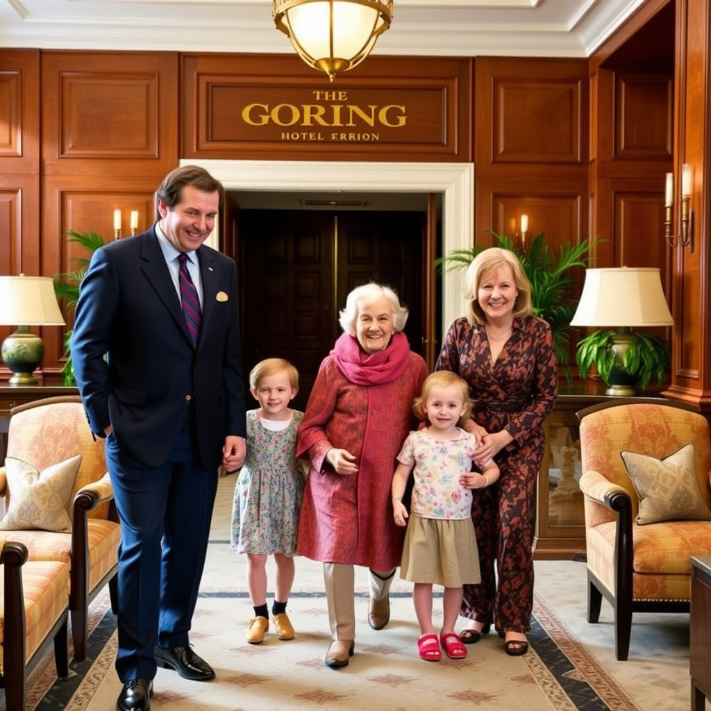 Warm welcome scene showing three generations of a family being greeted by smiling hotel staff in The Goring's elegant lobby with rich wood paneling and traditional British furnishings