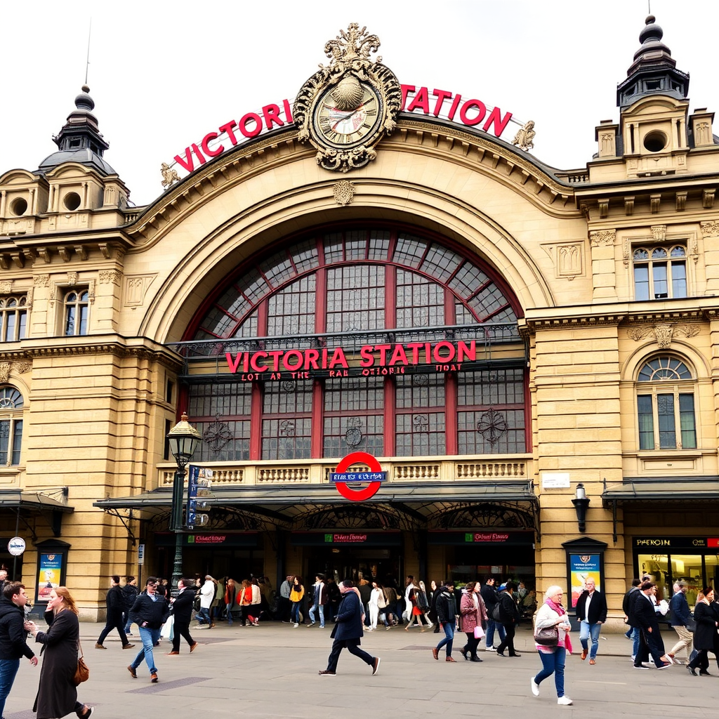 Historic Victoria Station building exterior showcasing classic London railway architecture with ornate Victorian stonework and busy pedestrian activity